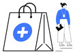 © robu_s - Bag featuring medical cross next to shopper in casual attire holding tablet. Ideal for healthcare shopping, e-commerce, retail, pharmaceuticals, online services, modern lifestyle, simple flat