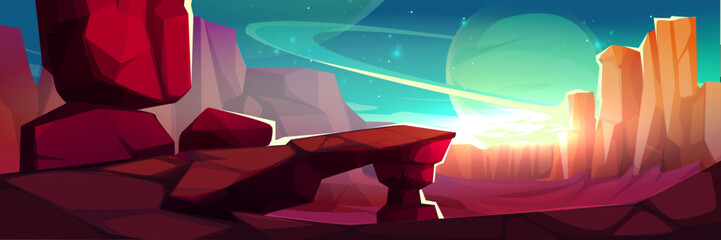 Wall Mural - Alien planet landscape with rocky red terrain - sci fi scene with ringed celestial body, orange crystal formations and cliffs under bright sky for space game bg or extraterrestrial world illustration.