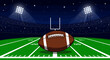 © Dieke - A detailed vector illustration captures an American football resting on a vibrant green field inside a brightly lit stadium at night, ready for a big game.