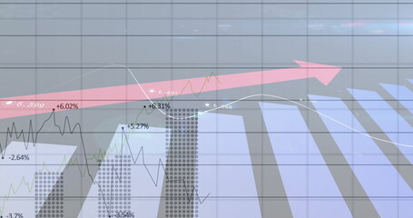 Wall Mural - Displaying pink arrow showing data on dashboard, with grey bars, line graphs and percentage labels