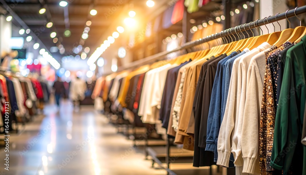 Clothing store interior, racks of garments