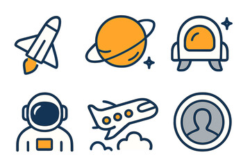 Wall Mural - Colorful space-themed icons showcasing a rocket, planet, astronaut, and aircraft in a simple design style