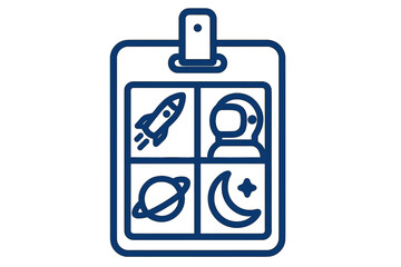 Wall Mural - Creative space-themed illustration featuring rocket, astronaut, planet, and moon designs in a clipboard layout for educational purposes