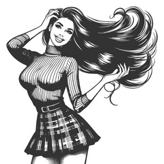Wall Mural - pin-up girl wearing a plaid skirt and tight turtleneck, smiling and posing playfully sketch engravin