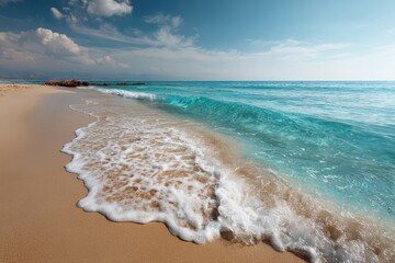 Wall Mural - View of crystal clear turquoise waters lapping against golden sands on a summer day with fluffy clouds scattered across the sky