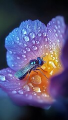 Wall Mural - A Stunning Macro Shot of a Shining Insect on a Flower with Water Dew Adorning Its Petals