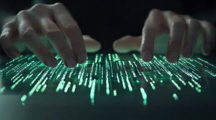 Hands interacting with glowing code