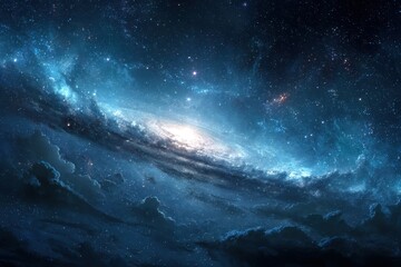Wall Mural - explore a vibrant cosmic landscape showcasing a swirling galaxy filled with bright stars and deep bl