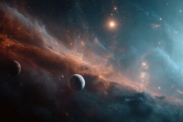 Wall Mural - vibrant cosmic landscape showcasing distant planets and shimmering stars amid a glowing nebula in th