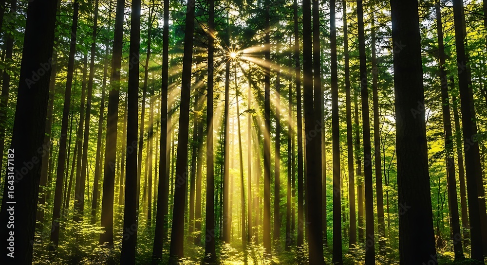Sunbeams shining through tall trees in a dense forest Stock Photo ...