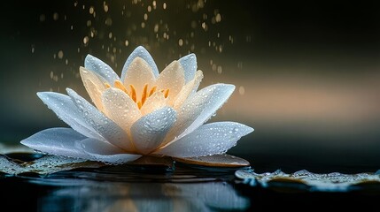 Wall Mural - Stunning Close-Up of a Pristine White Lotus Flower Adorned with Dew Drops in Serene Natural Setting