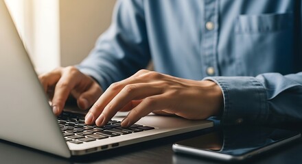 Closeup of mans hands typing on a laptop keyboard for work
