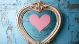 A pink heart cut-out on a mirror shows good physical and mental health, and symbolizes love and heart health.
