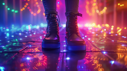 Person standing on a floor covered in colorful bokeh lights with reflections
