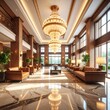© sum - Luxurious hotel lobby with grand chandeliers, leather seating, and marble floors bathed in sunlight