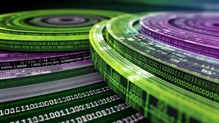 Abstract rings with binary code patterns in green and purple, soft gradient background