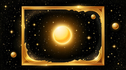 Wall Mural - Golden glowing frame on galaxy space background. Gold rhumb border and magic cosmic world with shiny stars. Banner or poster design Vector illustration