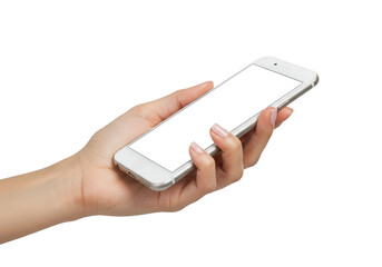 Hand holding a mobile phone with a blank white screen, isolated on transparent background