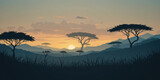 Serene African Savannah at Dusk Iconic Acacia Trees Silhouetted Against a Warm Sunset Sky