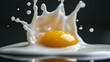 © Yuliia - Raw egg yolk with white liquid splash crown effect on dark background, high-speed macro photography capturing dynamic food motion and reflection.