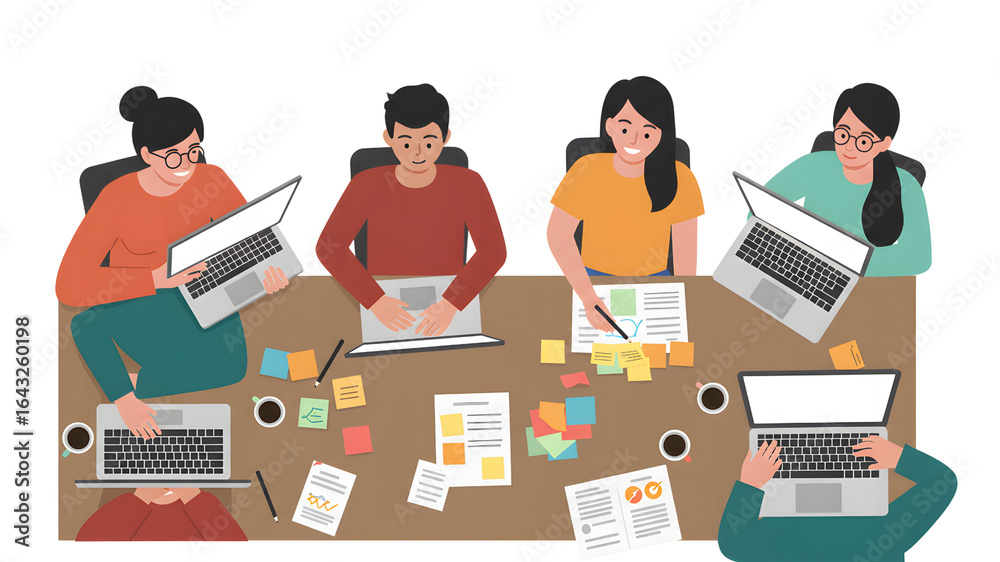 A top-down view of a collaborative team working at a table with laptops ...