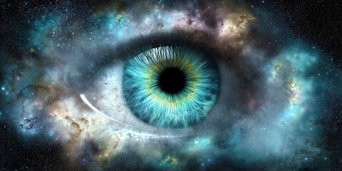 Wall Mural - human eye with blue iris on background of deep outer space with stars and galaxies in the universe