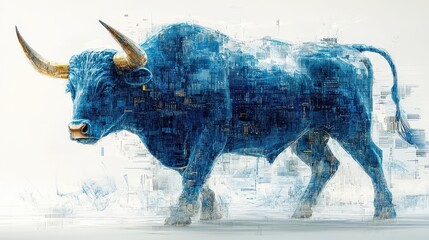 Blue digital bull, technology, finance, power.