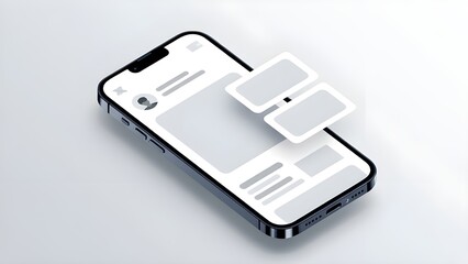 futuristic smartphone displaying a wireframe of a user interface for a new mobile application, empha