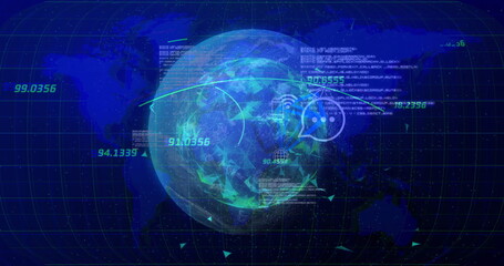 Wall Mural - Displaying holographic digital Earth rotating in virtual data interface, with grid and Wi-Fi icons