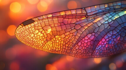 Close-up of iridescent dragonfly wing with vibrant colors and bokeh background.