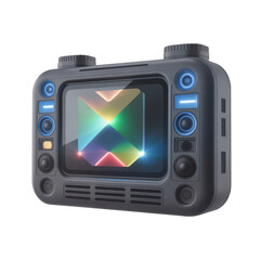 Retro style portable media player with colorful screen display and blue illuminated buttons isolated on transparent background