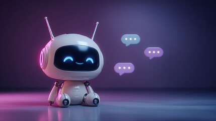 Friendly cartoon robot with glowing blue eyes and chat bubbles communicating