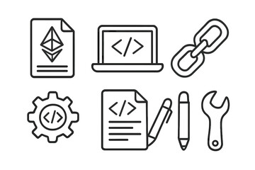 Icons representing software development tools and resources featuring coding, documentation, and technical elements in a modern layout