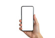 © Vooglo.com - Hand holding a modern smartphone with a blank white screen, isolated on transparent background
