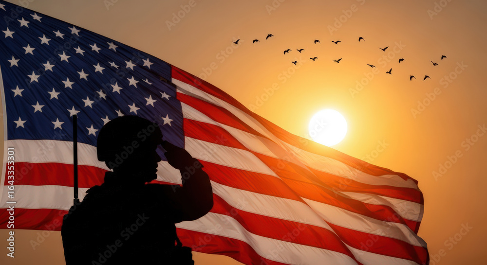 Silhouette of a Soldier Saluting the American Flag at Sunset A Powerful ...