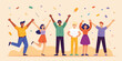 © AL - Group celebrating successful project launch with confetti, flat vector corporate teamwork and achievement concept illustration