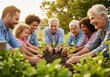 © Andrey Myagkov - A happy multi-generational and diverse group of friends and family is planting seedlings in a garden, gardening, sustainability, community, healthy living.