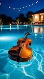 Violin floats serenely in a nighttime pool, illuminated by underwater lights and ambient string lights