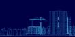 © German Ovchinnikov - A detailed building blueprint features a prominent crane at the center, set against a dark blue background. The architectural design includes various shapes, visible windows, and doors.
