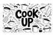 © SVGSTORY - Whimsical kitchen doodle featuring a bold Cook Up centerpiece surrounded by pots pans ladles spoons and utensils, capturing playful culinary creativity and vibrant cooking energy