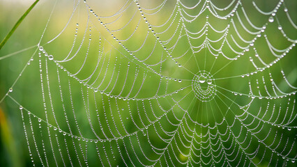 Sparkling dew drops adorn intricate spider web glistening in soft morning light, capturing nature's delicate beauty and resilience.