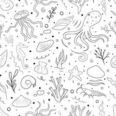 Black and white seamless pattern with the image of sea animals. The pattern in the form of an outline drawing is suitable for printing on textiles, packaging, in printing and web design