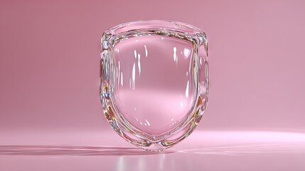 Transparent shield-shaped object on a pink background.