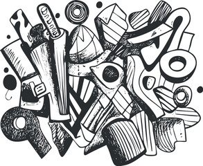 Wall Mural - abstract black and white hand-drawn doodle with geometric shapes and random patterns
