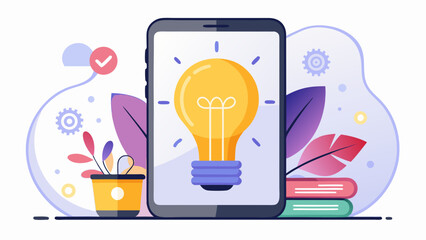 Vector art of a glowing lightbulb symbolizing a bright idea, innovation, and creativity, displayed on a smartphone screen, with plants and books in the background, isolated on white background