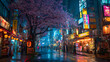 © umer - Night street scene in tokyo japan with cherry blossoms and neon lights for travel and tourism photos