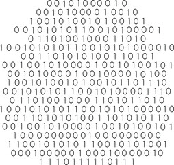 A digital image composed of binary code forming an abstract shape.
