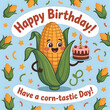 © khadiza - Cute cartoon corn character celebrating birthday with cake and festive decorations