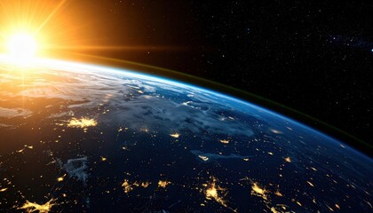 Wall Mural - Captivating image of Earth from space, showcasing a vibrant sunrise and illuminated city lights against the dark cosmos.