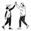 © Ferdou - Two friends in casual clothing and baseball caps give each other a high five while walking celebrating success and teamwork in a simple line art illustration